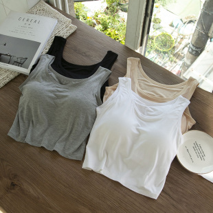 莫代尔女免穿文胸半截韩版内衣瑜伽运动打底带胸垫漏肚脐短款背心