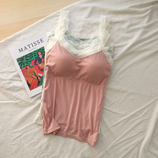 港味chic蕾丝花边带胸垫吊带t恤背心女打底外穿无袖上衣内搭小衫