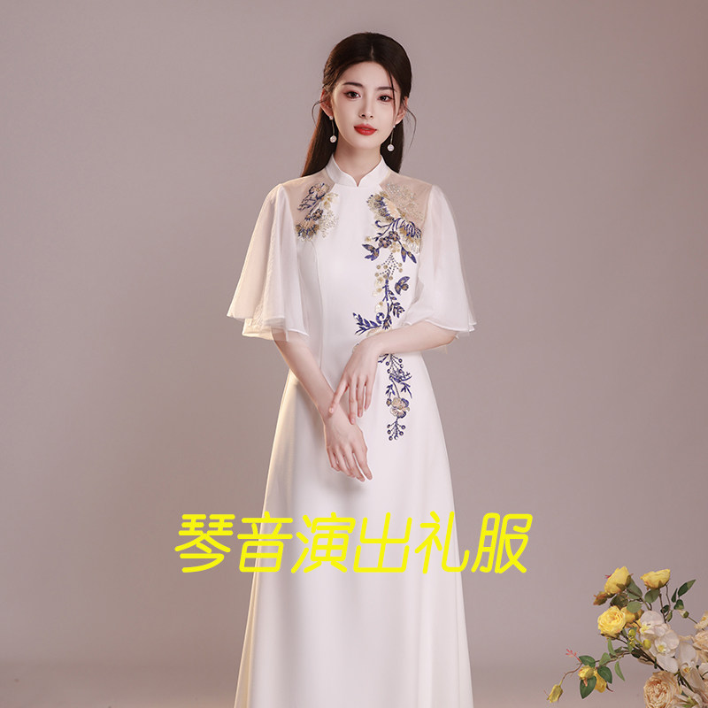 新款民歌独唱礼服女中国风新中式长裙气质学生艺考古筝考级演出服