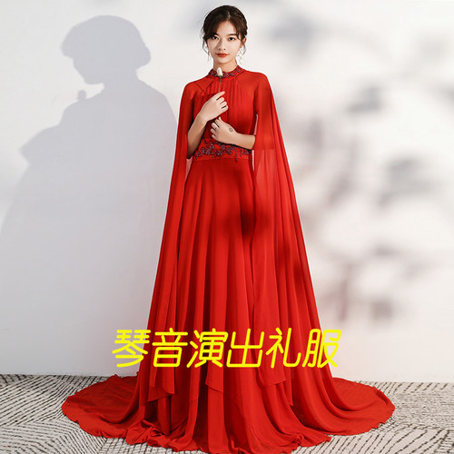 民族声乐独唱礼服复古风红色长裙