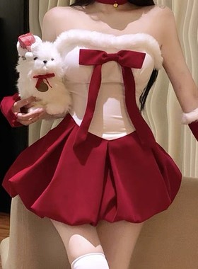 圣诞节服装氛围感战袍穿搭丝绒抹胸红色连衣裙女兔女郎cos小礼裙