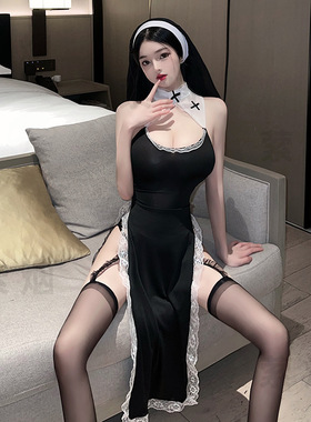 萦烟惩罚修女装纯欲圣母玛利亚性感cos制服高开叉连体蕾丝连衣裙