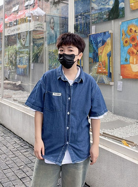 小马家2024年夏季新款矮个子薄款牛仔水洗日系复古短袖衬衫青少年