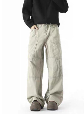 一只卷毛羊矮个子vibe美式复古水洗拼接伐木裤伞兵裤直筒工装裤