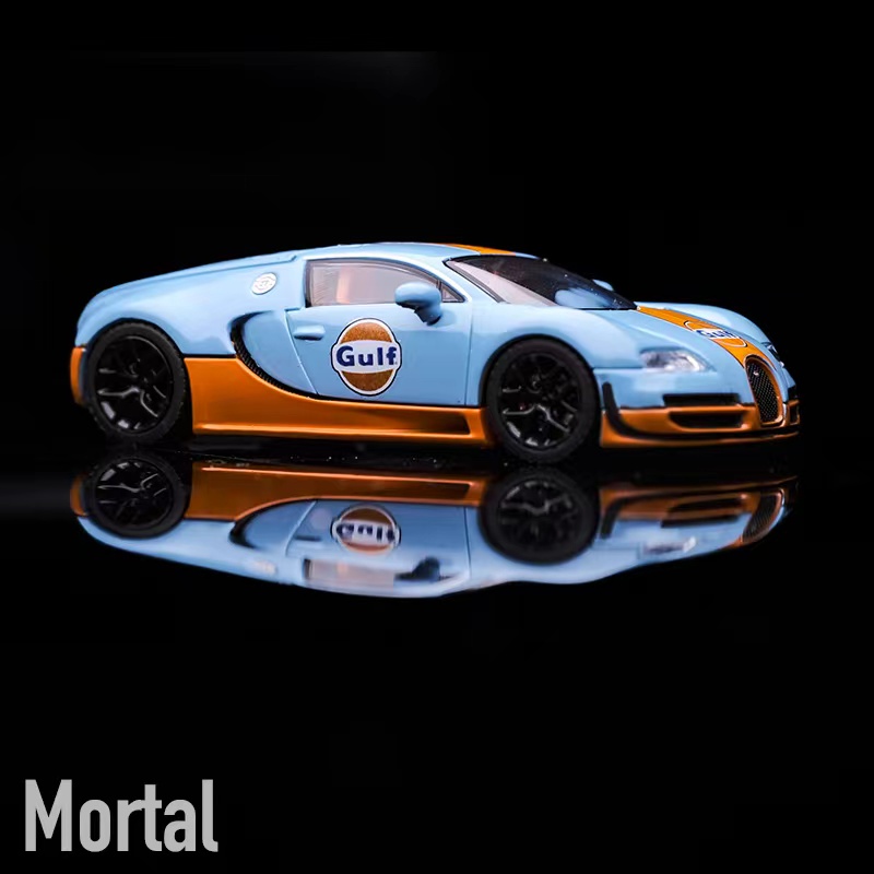 Mortal布迦迪Veyron gulf 1/64合金汽车模型铁底开盖尾翼升降摆件