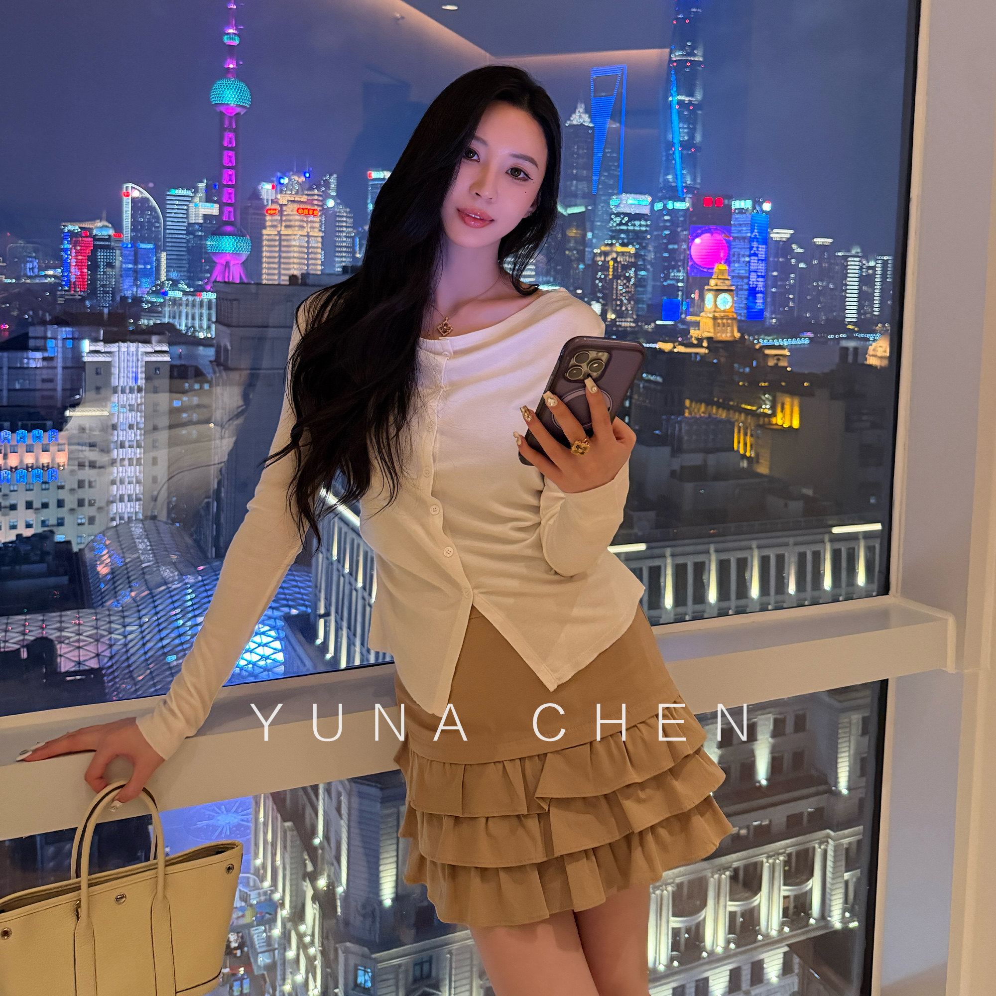 菠萝宝宝yuna【软杏松塔】半身裙夏季新款百搭卡其松紧腰花边短裙