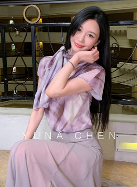 菠萝宝宝【烟霞晕染】衬衫女款2026新款系带领清凉百搭夏短袖衬衫
