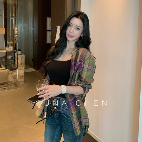 格纹衬衫女夏季亚麻复古撞色