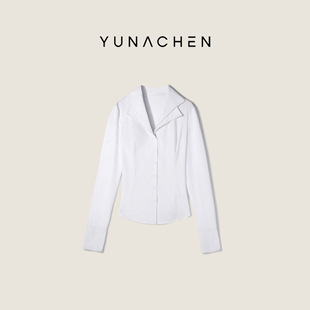 菠萝宝宝yuna【香榭春巷】女王白色拼接双层领弹力长袖衬衫XA10