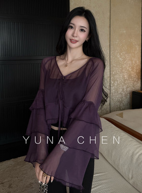 菠萝宝宝yuna【槿上花语】紫色V领系带双层荷叶边喇叭袖雪纺衫