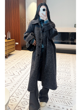 菠萝宝宝yuna【塞纳灰调】苏丽羊驼羊毛灰色长款毛呢大衣外套YL6