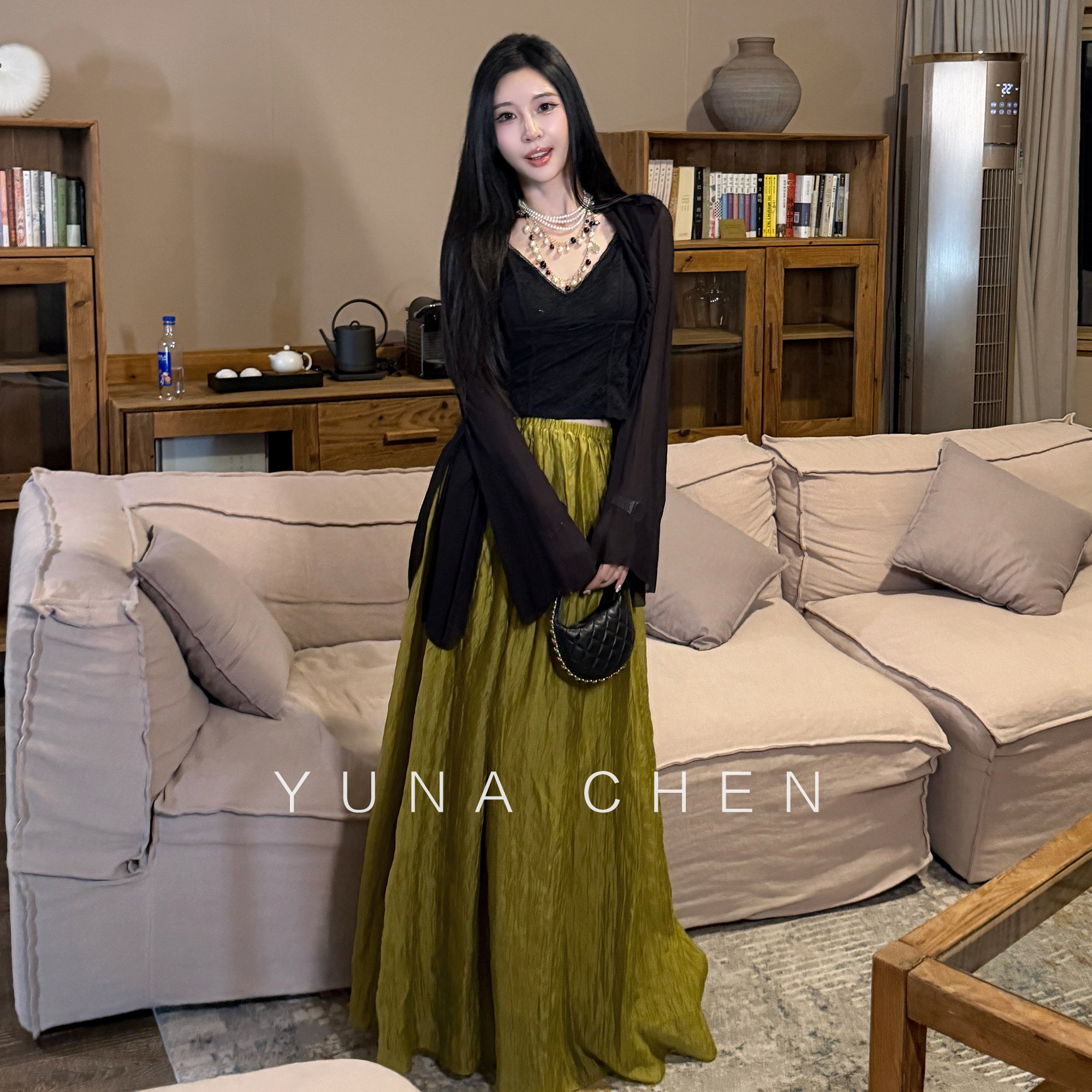 菠萝宝宝yuna【松弛序章】半身裙女夏休闲百搭褶皱松紧腰果绿裙子