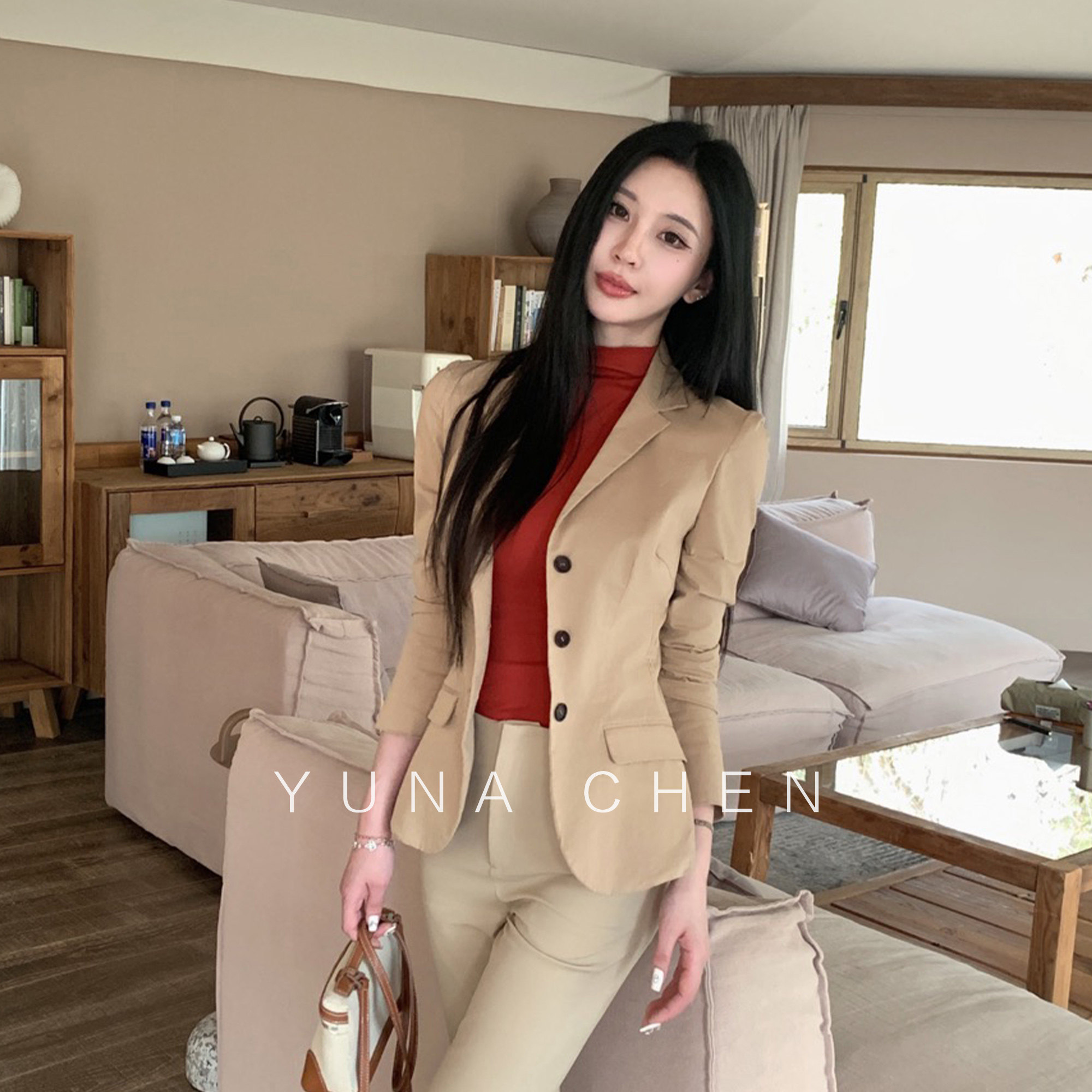 菠萝宝宝yuna【燕麦纪行】西装外套女春秋时尚经典卡其色翻领外套