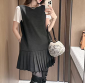2025秋季 百褶裙摆背心裙 背心连衣裙女短袖 新款 韩国东大门圆领无袖