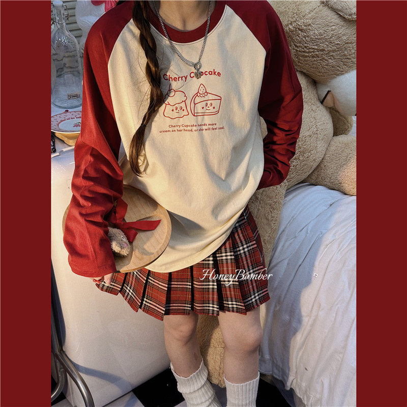 甜心轰炸机奶乖红色假两件长袖T恤宽松百搭女复古俏皮童趣休闲T恤,女装/女士精品,T恤,淘宝优惠券,粉丝福利购,淘宝优惠卷