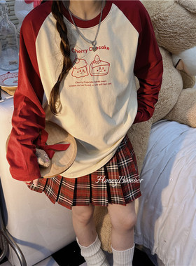 甜心轰炸机奶乖红色假两件长袖T恤宽松百搭女复古俏皮童趣休闲T恤