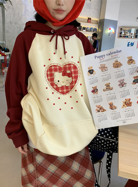 甜心轰炸机 KT波点hello kitty猫可爱加厚绒连帽保暖卫衣帽衫上衣