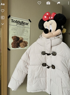 甜心轰炸机粉色小熊连帽短款羽绒棉服女牛角扣保暖面包服加厚外套