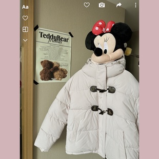 甜心轰炸机粉色小熊连帽短款羽绒棉服女牛角扣保暖面包服加厚外套