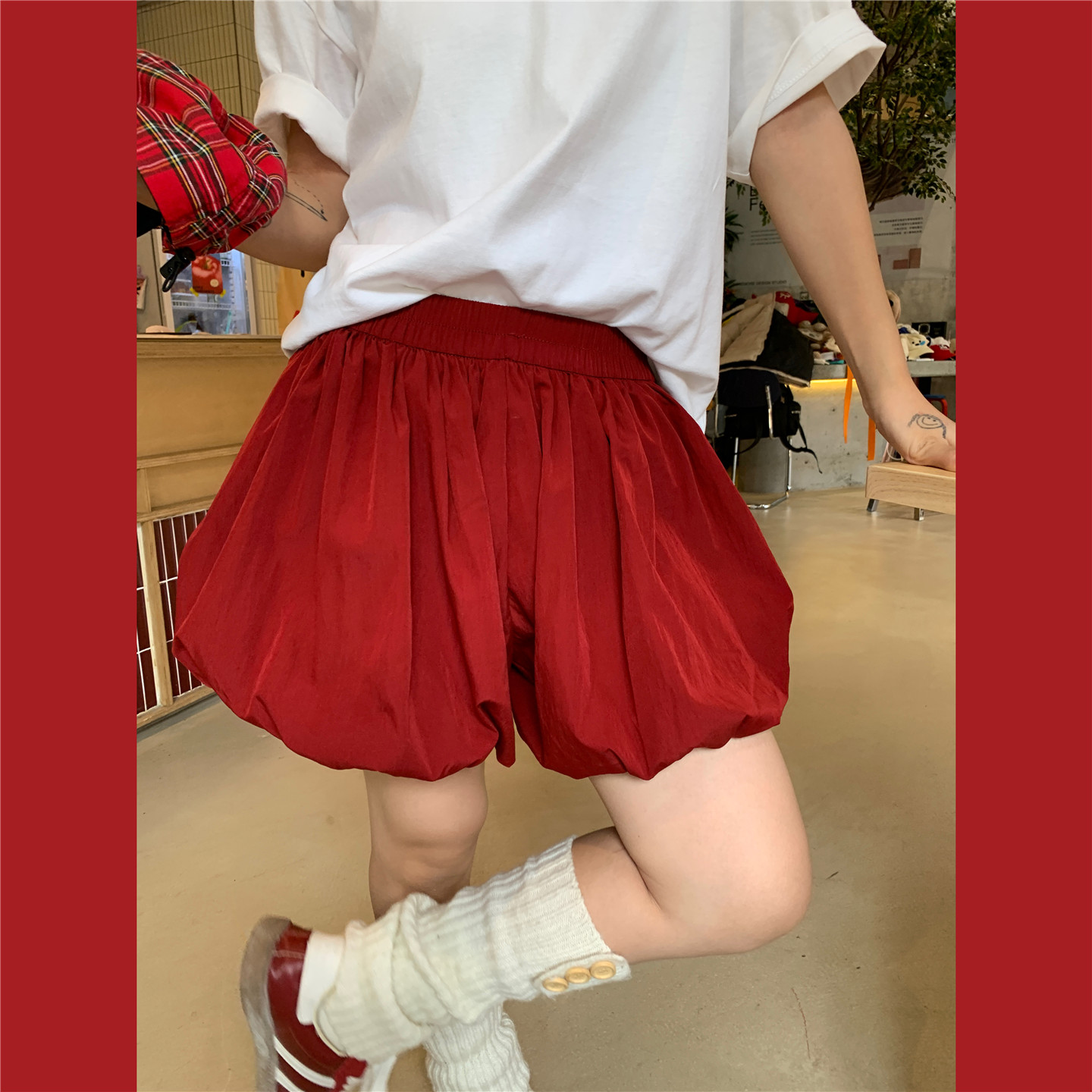 苹果红色百搭少女花苞裙裤
