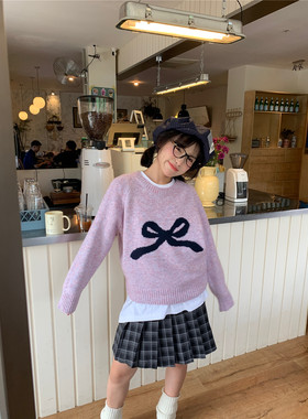 甜心轰炸机紫色蝴蝶结套头圆领毛衣女2025冬小个子内搭打底衫上衣