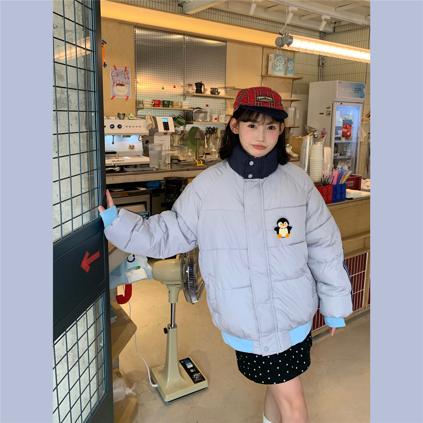 美式灰蓝色条杠加厚保暖羽绒棉服