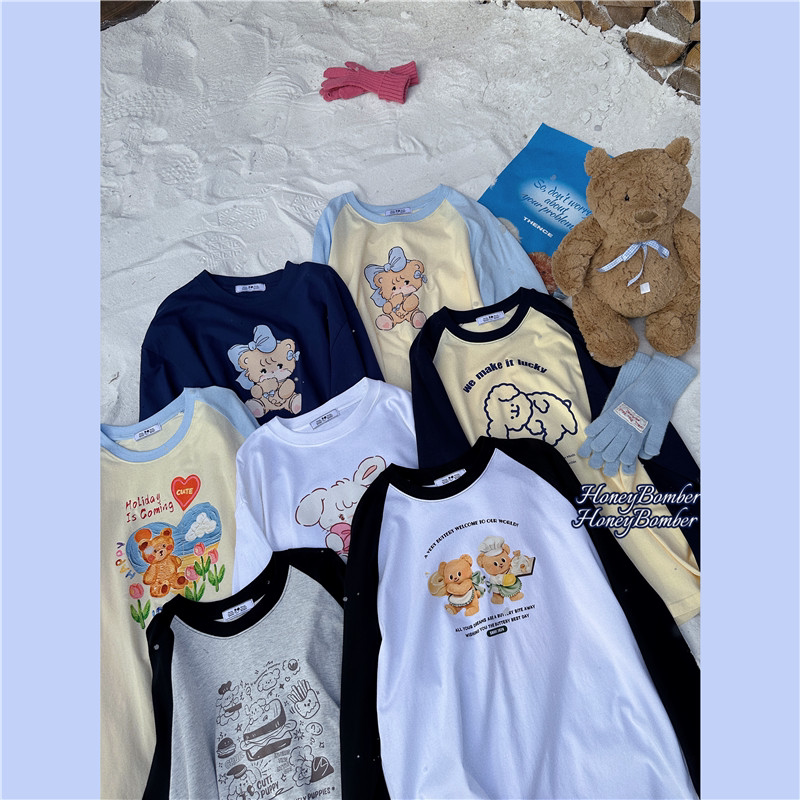 甜心轰炸机假两件印花长袖T恤女插肩袖撞色纯棉打底上衣内搭单穿