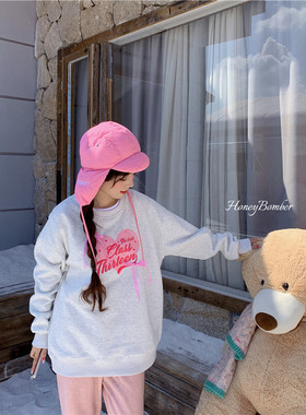 甜心轰炸机蝴蝶结丝带秋冬宽松套头灰色加绒卫衣女加厚外套上衣