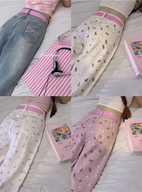 甜心轰炸机美式甜酷蝴蝶结刺绣牛仔裤女休闲宽松高腰显瘦直筒长裤