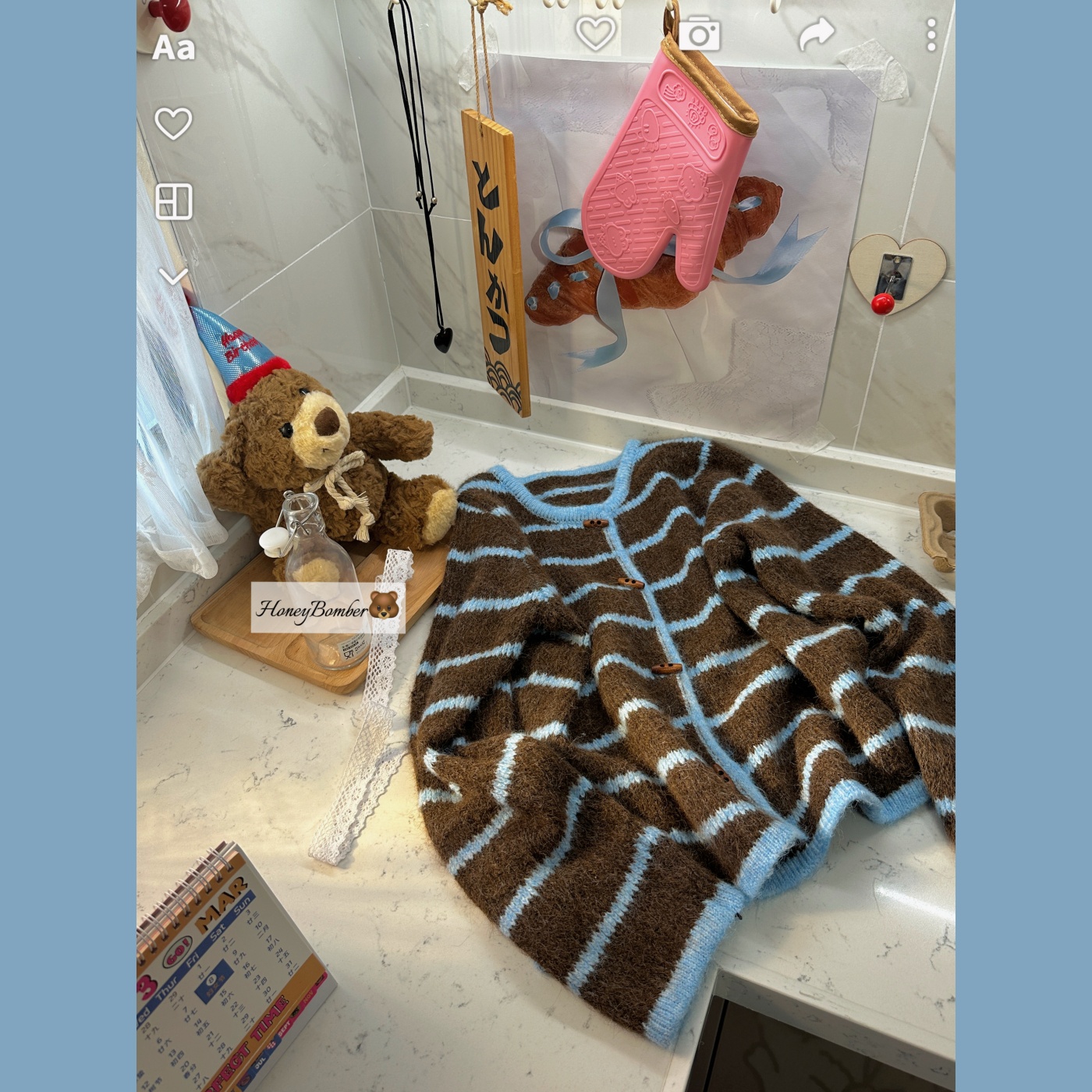 蓝棕色牛角扣开衫毛衣上衣外套萌