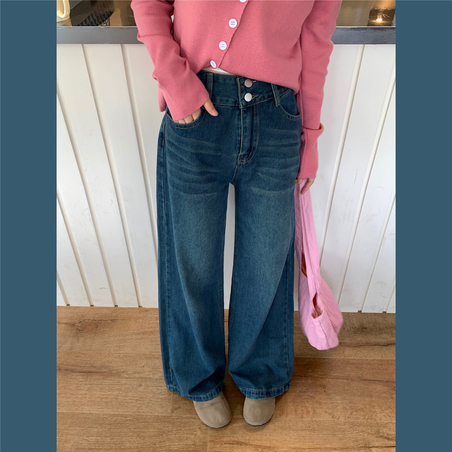 深蓝复古慵懒休闲阔腿裤牛仔长裤