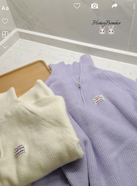甜心轰炸机浅紫色韩系半拉链高领毛衣女秋冬宽松休闲针织衫外套