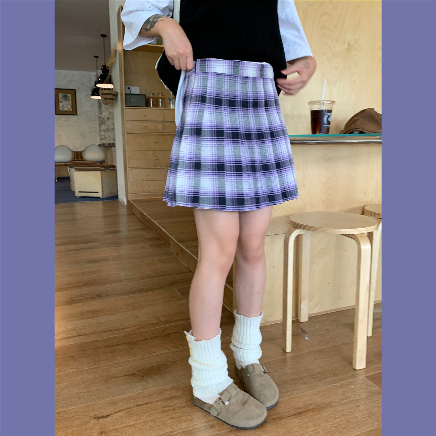 美式复古紫色苏格兰百褶裙子秋冬高级感显瘦韩系a字格子半身裙女