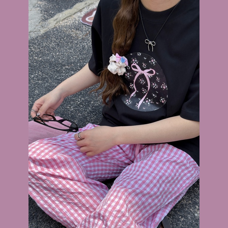 少女感蝴蝶结碎花宽松短袖T恤