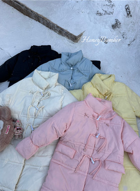 甜心轰炸机秋冬季粉色学生长款牛角扣羽绒棉服女休闲棉衣棉袄外套