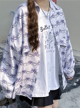 甜心轰炸机 蝴蝶结条纹紫色灯笼袖长袖衬衫薄款宽松休闲外套女夏