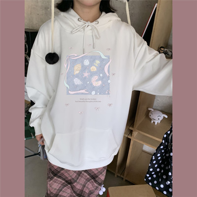 贝壳宽松白色加厚连帽衫卫衣上衣