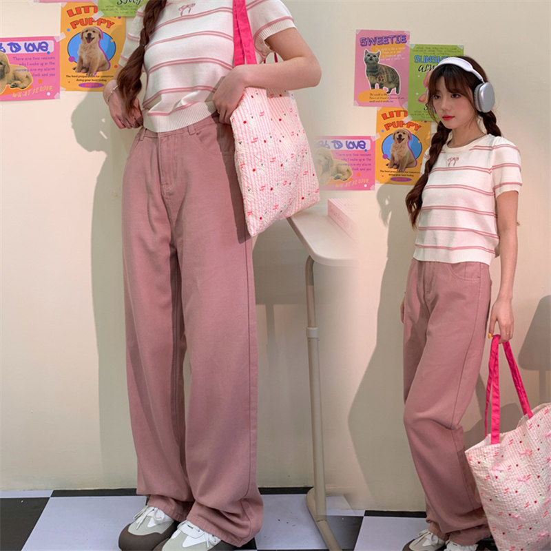 百搭甜酷少女粉色肌理感牛仔裤女高腰遮胯显瘦阔腿拖地小个子长裤,女装/女士精品,牛仔裤,淘宝优惠券,粉丝福利购,淘宝优惠卷