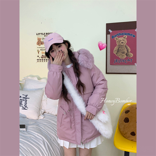 毛领派克服女秋冬季 甜心轰炸机日系甜美粉紫短款 加厚连帽棉衣外套