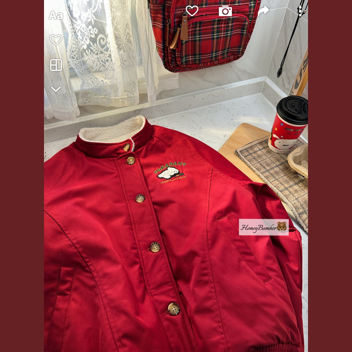 甜心轰炸机粉色小熊连帽短款羽绒棉服女牛角扣保暖面包服加厚外套