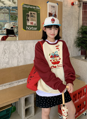 甜心轰炸机 KT美式kitty猫复古苹果插肩袖加绒加厚学生卫衣无帽红