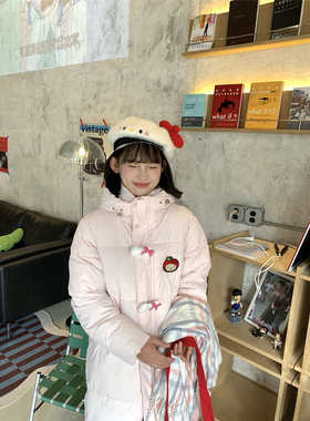 甜心轰炸机可爱KT猫kitty长款保暖加厚粉色羽绒棉服棉服外套袄子