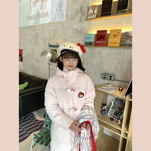 甜心轰炸机可爱KT猫kitty长款保暖加厚粉色羽绒棉服棉服外套袄子