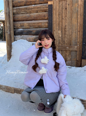 甜心轰炸机秋冬季美式少女感小兔子扣棉服女休闲设计感短款外套