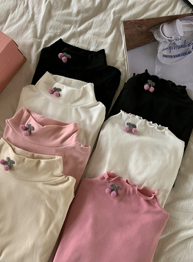 甜心轰炸机可爱木耳边半高领打底衫女秋冬季保暖德绒长袖内搭上衣