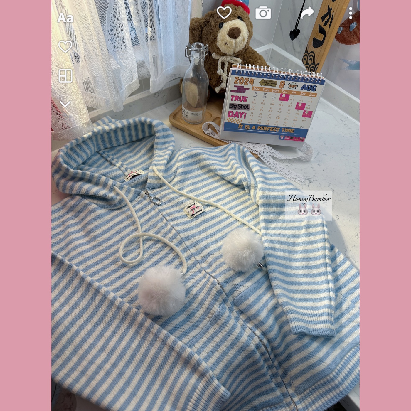 连帽保暖柔软奶蓝色毛衣开衫上衣