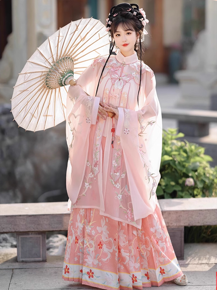出租汉服女粉色明制伴娘服云肩立领对襟长衫古装租赁中国风春夏季