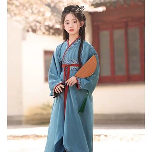 出租女童超仙战国袍蓝色秋冬季复原款汉服直裾古装儿童演出服租赁
