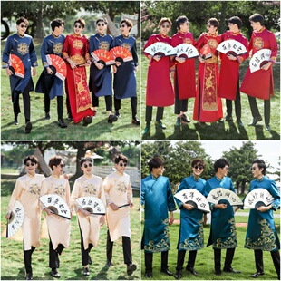 中式伴郎服出租大码唐装个性创意兄弟装结婚礼服中国风马褂长袍