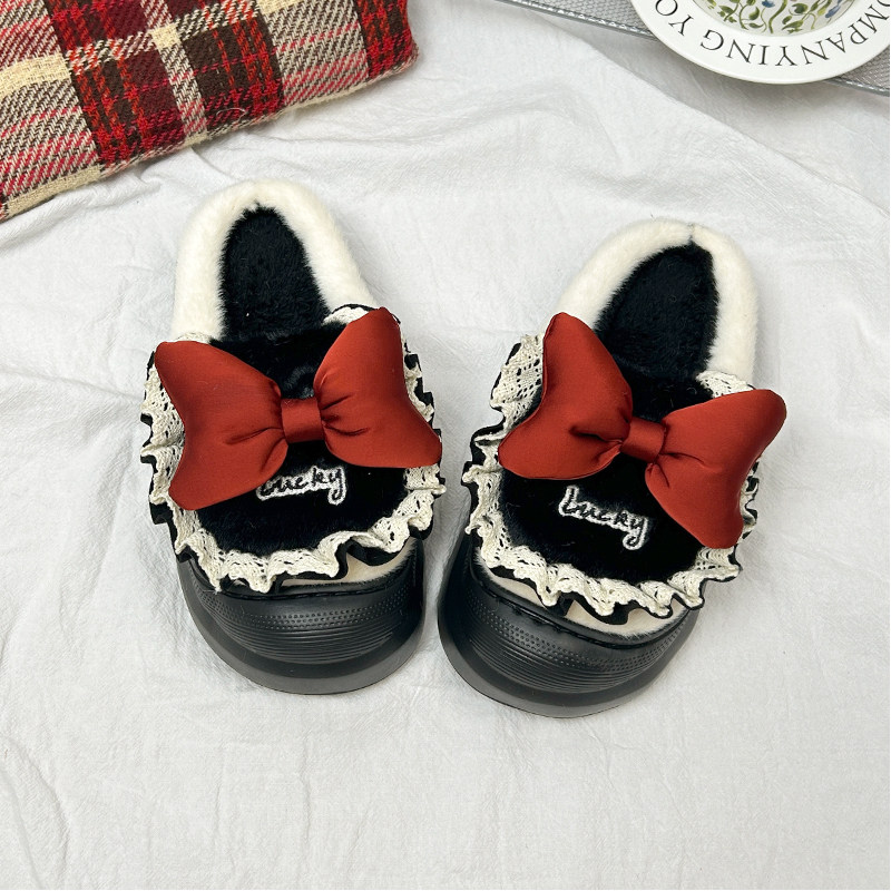洛丽塔蝴蝶结毛绒防滑新款网红甜美可爱秋冬季厚底居家棉鞋外穿